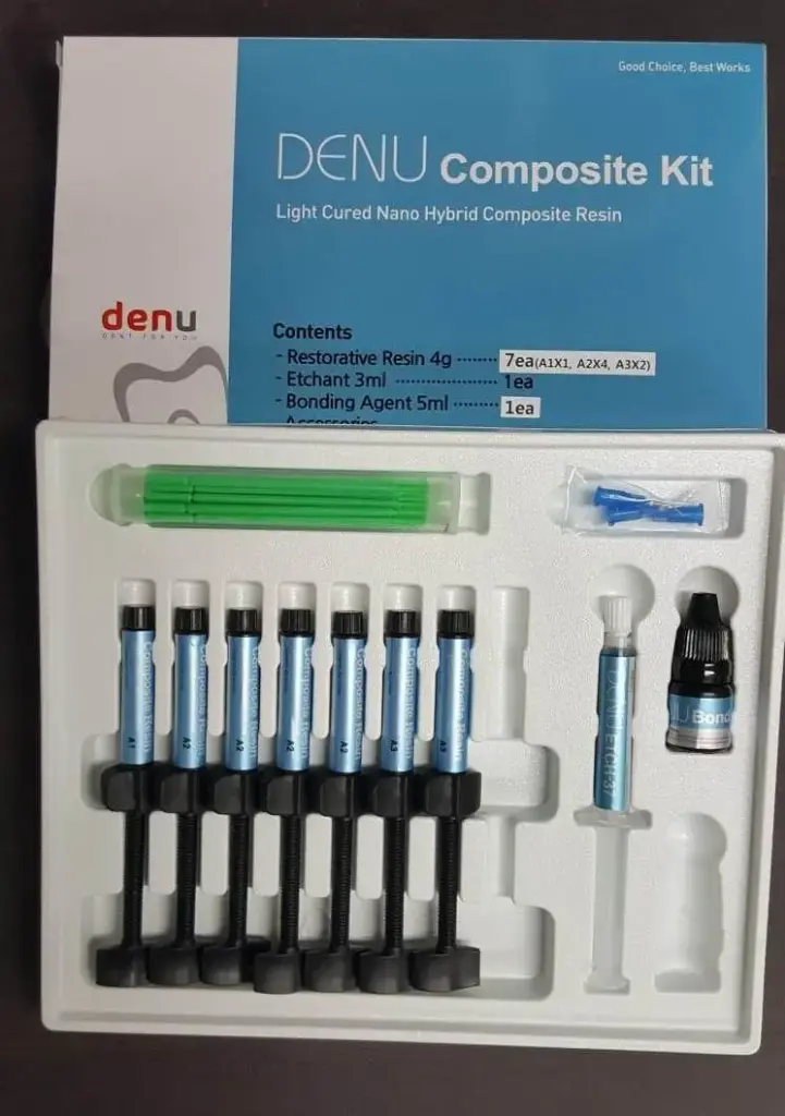 DENU COMPOSIT KIT (8 SYRING DENU COMPOSITE+ETCH37% ONE SYRINGE+TIPS +2 BOTTLE DENU BOND +MICROAPPLICATOR)